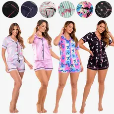 Pijama  Americano Feminino Curto Botão Pós-Cirúrgico Amamentação  Baby Doll de Verão Blogueirinha