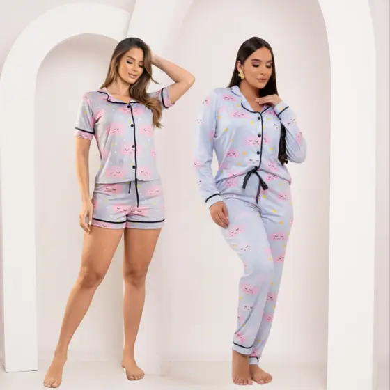 Kit 2 Pijamas Americano Feminino Nuvem Curto e Longo Suede Conjunto Botão Amamentação Pós Cirúrgico