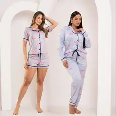 Kit 2 Pijamas Americano Feminino Nuvem Curto e Longo Suede Conjunto Botão Amamentação Pós Cirúrgico