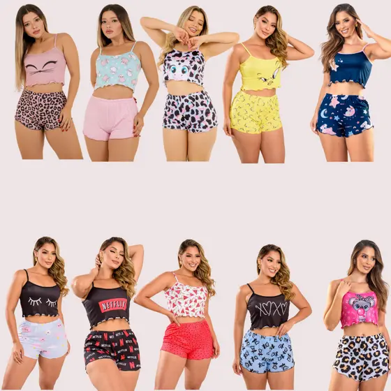 Pijama Feminino adulto Baby Doll  short doll Curto Cropped Ondinha de verão
