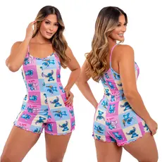 Pijama Feminino Baby Doll Curto Macaquinho Stitch toque de luxo