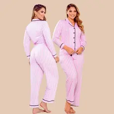 Pijama Feminino Americano Longo Pós Cirúrgico Amamentação Inverno de Listra Rosa