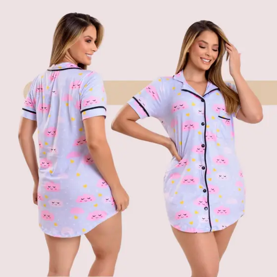 Pijama Feminino Chemise Camisola Americano Curto Pós Cirúrgico Nuvem