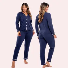 Pijama Feminino Americano Longo Pós Cirúrgico Amamentação Inverno de cor Azul Marinho