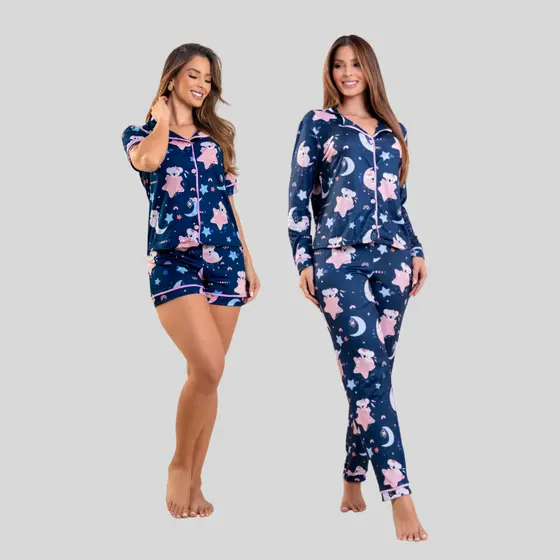 Kit 2 Pijamas Botão Coala Estrela Curto e Longo Conforto Adulto Amamentação Meia Estação