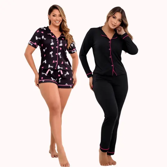 Kit 2 Pijamas Americanos Suede Snoopy e Preto Pijama Blogueira Amamentação Pós Cirúrgico Verão Miami