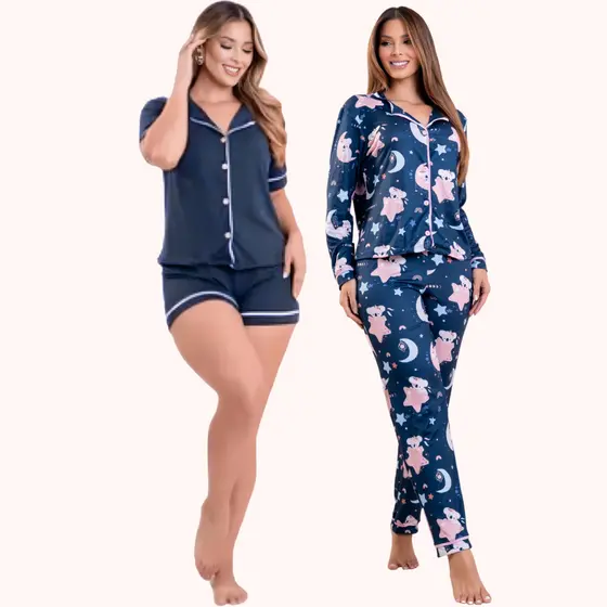 Kit 2 Pijamas Americanos Suede Azul e Coala - Pijama Blogueira Amamentação Miami Estilo Camisaria