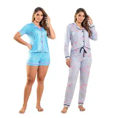 Kit 2 Pijamas Americanos Femininos Suede - Curto Listrado e Longo Nuvem Amamentação e Pós Cirúrgico