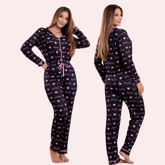 Pijama Feminino Americano Longo Pós Cirúrgico Amamentação Inverno de Olhinho