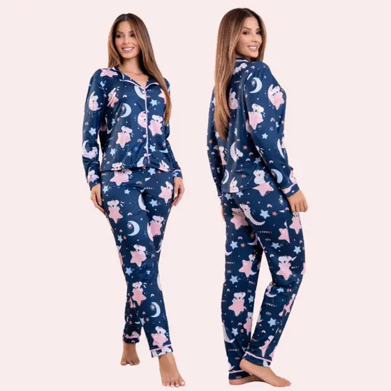 Pijama com Gola Coala Estrela Short Doll Botão Fácil Vestir Mobilidade Reduzida
