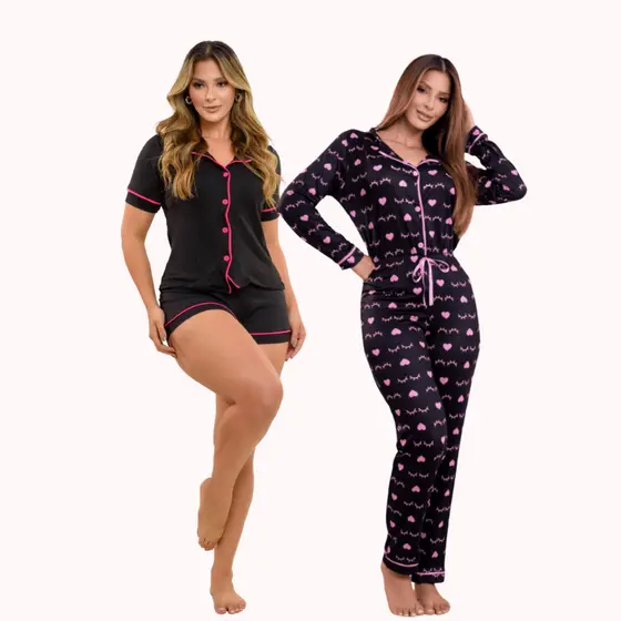 Kit 2 Pijamas Americanos Suede Preto e Cílios - Pijama Blogueira Amamentação Miami Estilo Camisaria