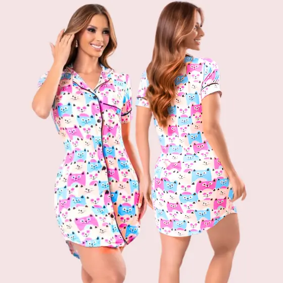 Chemise Pijama Americano Gatinho Camisão de Botão Luxo Camisola Aberta Maternidade Pós-Operatório