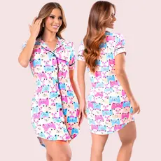 Chemise Pijama Americano Gatinho Camisão de Botão Luxo Camisola Aberta Maternidade Pós-Operatório