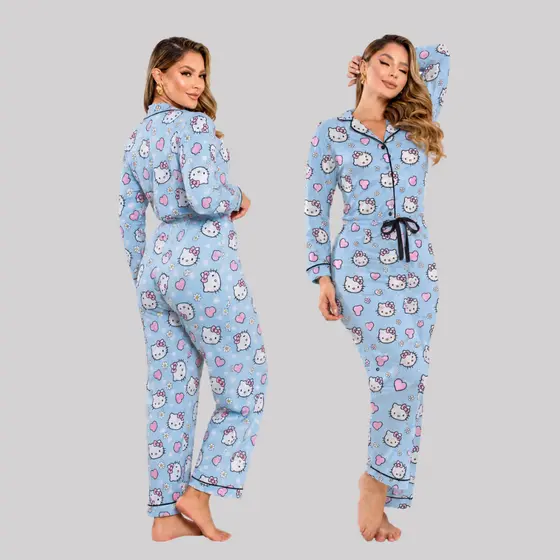 Pijama Americano Fofo Botão Conforto Leve Hello Kitty Home Wear Pós Cirúrgico