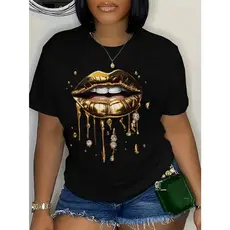 Camiseta feminina de manga curta com estampa labial Boca Camisa decote redondo verão, Roupas Sazonais,Top Versátil