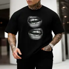 Camiseta t-shirt masculina preta branca 100% algodão camisa streetwear estampada boca dente manga curta gola redonda