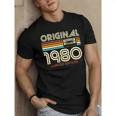 T-shirt gráfica retro 1980 Limited Edition para homem - Top casual de verão de manga curta com listras coloridas