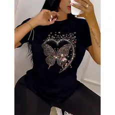 Camiseta Feminina Urbana Preta com Borboleta em Strass Brilhante para Looks Casuais Modernos e Streetwear Fashion