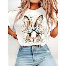 T-shirt feminina Coelho estiloso com olhos expressivos camiseta básica fofa 100% algodão para looks leves e casuais