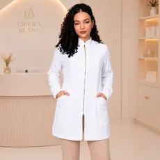 Jaleco Feminino Slim Manga Longa e Zíper Dourado Elegante em Tecido Alfaiataria Premium com Elastano
