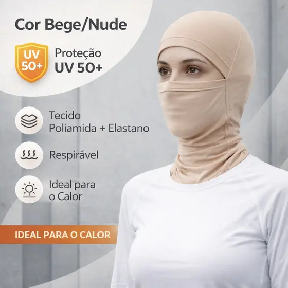 Touca Balaclava Articulada Com Proteção UV50+ Feminina Nude  Bege Touca Ninja Proteção Solar