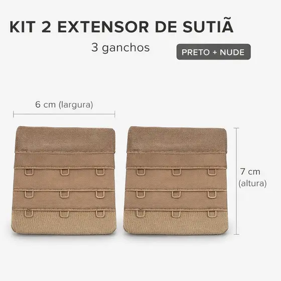 Kit 2 Extensor Prolongador de Sutiã 3 ganchos Reforçado 7 cm de Comprimento Preto e Nude