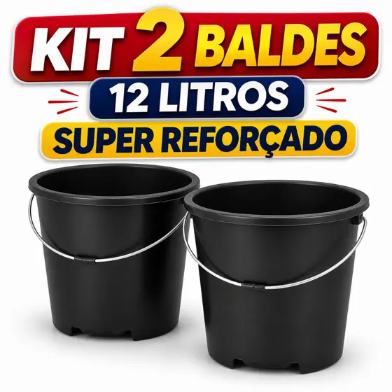 Kit 2 Balde 12 Litros Reforçado com Alça de Ferro Plástico Resistente Limpeza Obra Lavanderia Uso Doméstico