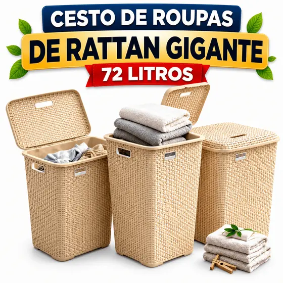 Kit 2 Cesto Roupa Suja 72L Rattan com Tampa Grande Organizador Lavanderia Banheiro Quarto Plástico Resistente