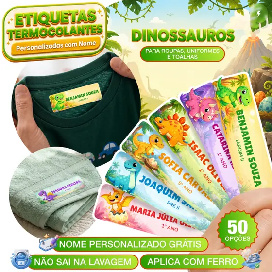 Kit Etiqueta DTF Termocolante Dinossauros Infantil Nome Uniforme Escolar Roupa Toalha Ferro