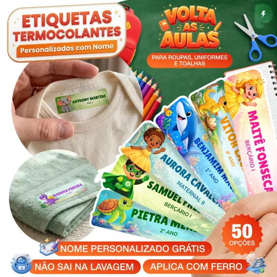 Kit Etiqueta DTF Termocolante Infantil Nome Uniforme Escolar Roupa Meia Toalha Personalizada com Ferro