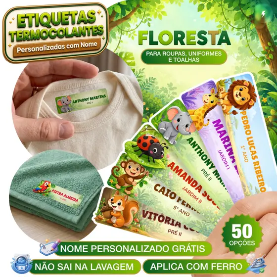 Kit Etiqueta DTF Termocolante Floresta Infantil Nome Uniforme Escolar Roupa Toalha Ferro