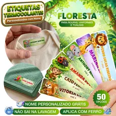 Kit Etiqueta DTF Termocolante Floresta Infantil Nome Uniforme Escolar Roupa Toalha Ferro