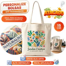 DTF Termocolante Personalizado 15x15cm ATACADO Ecobag Bolsa Algodão Cru Sacola Tecido Revenda Marca Própria Sua Arte