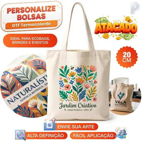 DTF Termocolante Personalizado 20x20cm ATACADO Ecobag Bolsa Algodão Cru Sacola Tecido Revenda Marca Própria Sua Arte