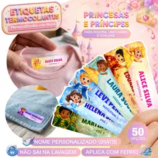Kit Etiqueta DTF Termocolante Princesas e Principes Infantil Nome Uniforme Roupa Toalha Ferro