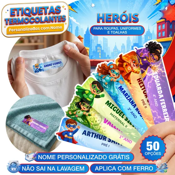 Kit Etiqueta DTF Termocolante Herois Infantil Nome Uniforme Escolar Roupa Toalha Personalizada Ferro