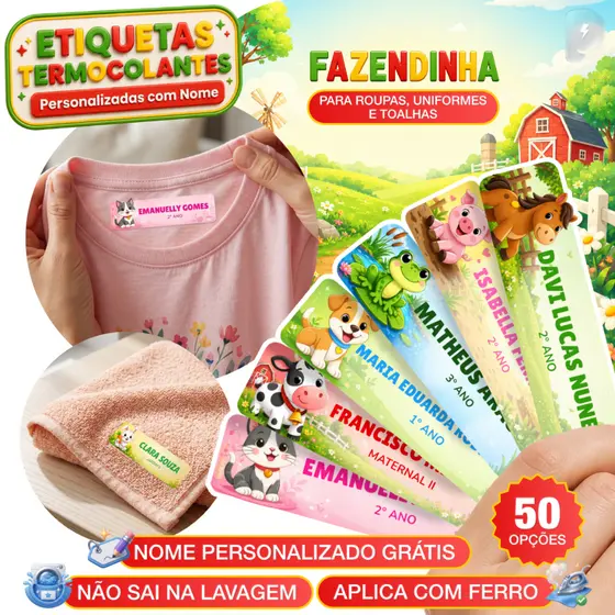 Etiqueta Escolar Personalizada Fazendinha DTF Termocolante Nome Infantil Roupa Meia Toalha Ferro