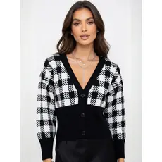 Blusa Feminina Xadrez Tricot com Botões Suéter Feminino Xadrez