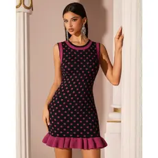Vestido Feminino Tricot Curto com Babado Poá Bolinha