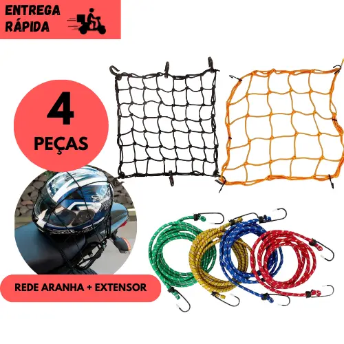 Kits 4 ou 2 Peça, Rede Aranha +  Extensor Elástico 1,5 Mt para Moto Bagageiro Carga Escolha seu Kit