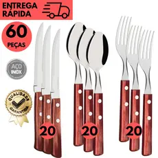 Kits 60/48 ou 24 Talheres Inox Cabo Madeira Elegante Refeições Diárias e Festas Facas Garfo Colher