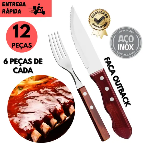 Kits 4/8 ou 12 Facas Wooden Classic p/ Churrasco + Garfo Inox ou Cabo de Madeira Tradicional