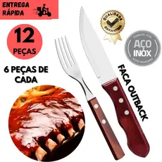 Kits 4/8 ou 12 Facas Wooden Classic p/ Churrasco + Garfo Inox ou Cabo de Madeira Tradicional