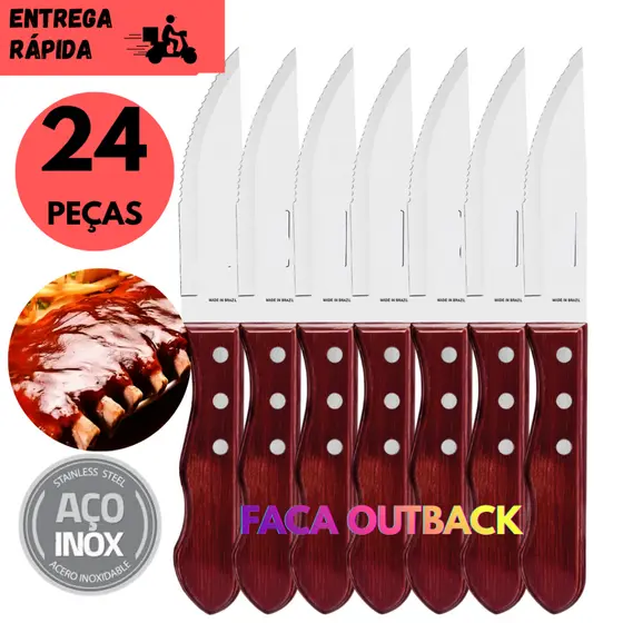 Kits 8/14/24 Faca Jumbo Tipo Outback Cabo Madeira para Churrasco Uso Diário na Cozinha uso Diario