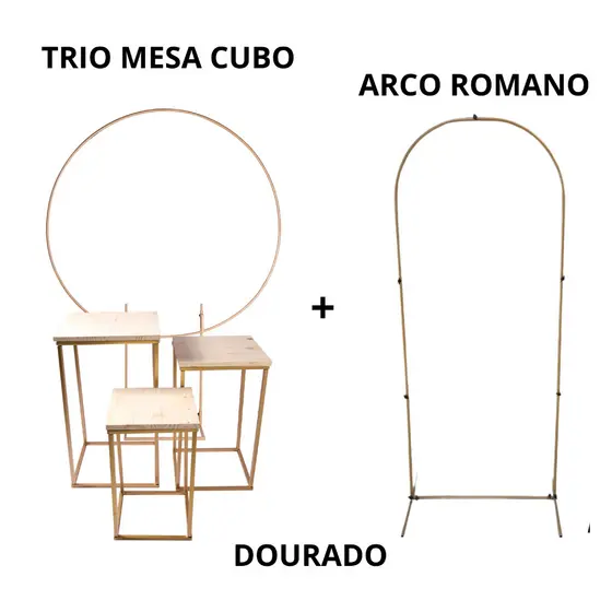 KIT FESTA 3 MESAS CUBO PARA DECORAÇÃO DE ANIVERSARIO + ARCO REDONDO DESMONTAVEL + PAINEL ROMANO PEGUE MONTE EVENTOS