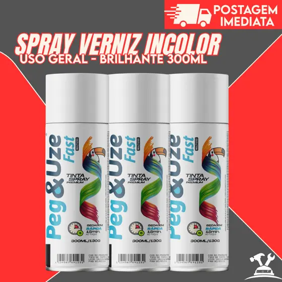 Tinta Spray Verniz Incolor Brilhante 300ml – Secagem Rápida, Uso Geral e Brilho em Bijuterias