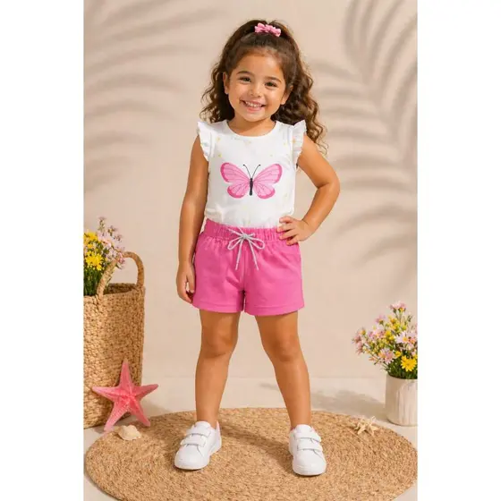 Conjunto verão infantil menina.Blusa+Bermuda com cadarço com brilho