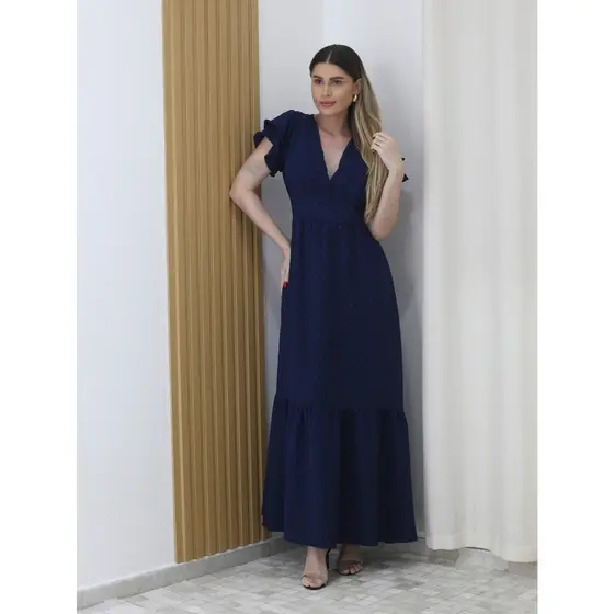 Vestido Longo Feminina Manga Curta Com Bojo Tecido Poliéster Pipoquinha - Maxma 8416