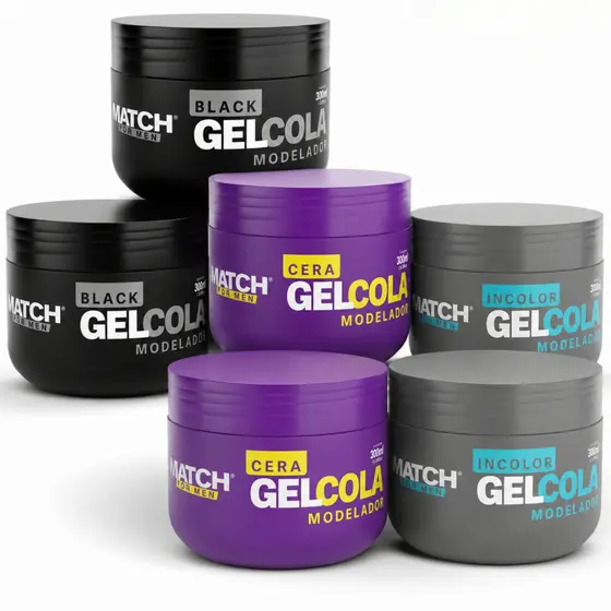 Kit 6x Gel Cola Incolor, Cera ou Black Sem Álcool Modela e Fixa Penteados Match Formen 300g