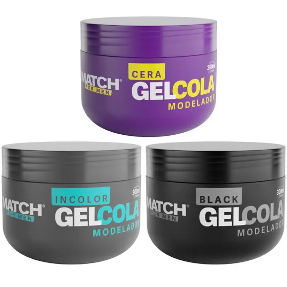 Gel Cola Incolor, Cera ou Black Sem Alcool Modela e Fixa Penteados Match Formen Masculino